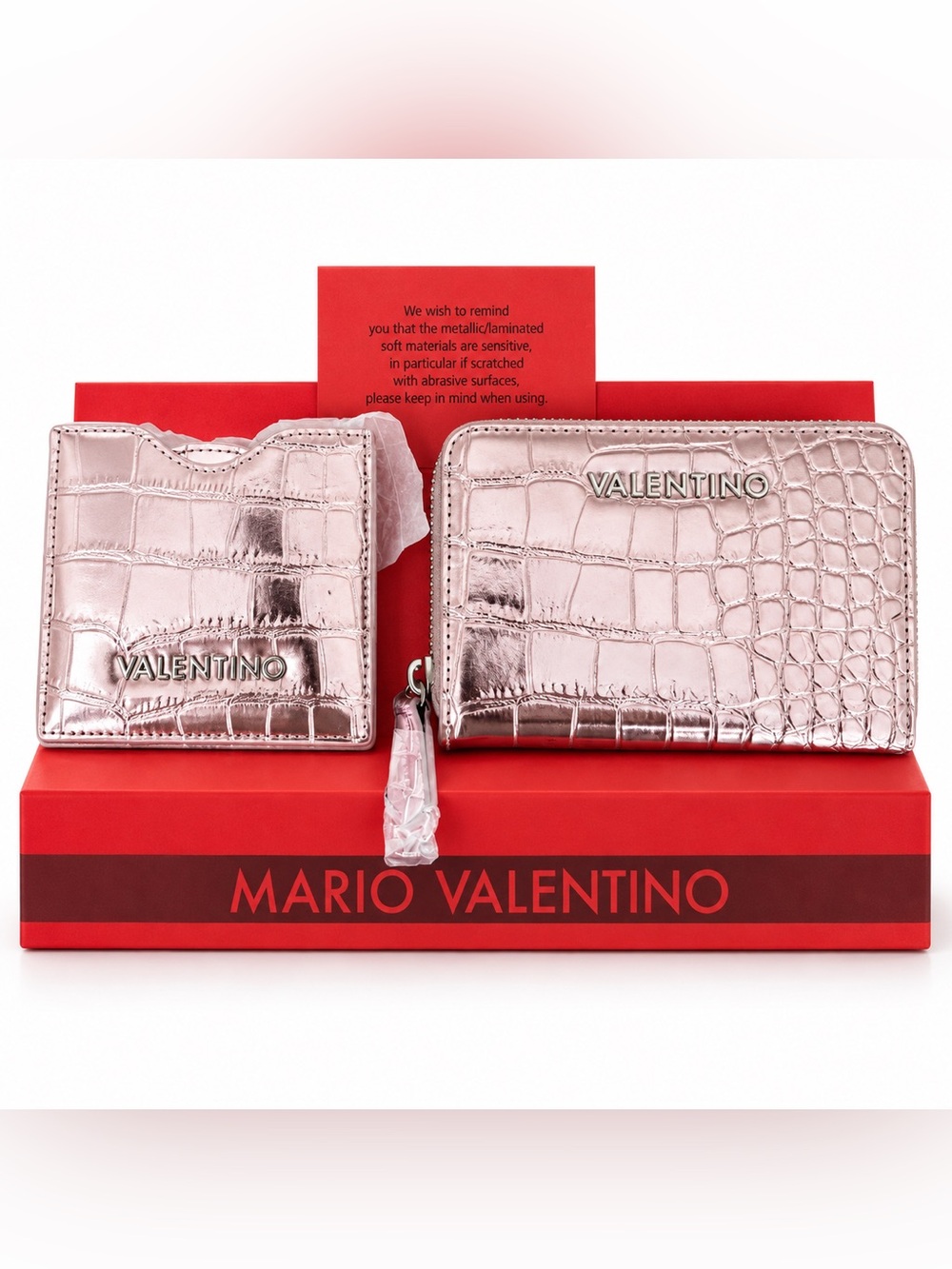 Mario Valentino Metallic Rose Pink Croc Wallet & Mirror Set New in Box